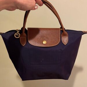 Longchamp Black Nylon Top-Handle Tote with Brown Leather Trim